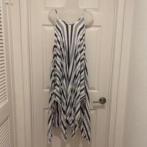 Striped Handkerchief Hem Spaghetti Strap Dress - Blue & White. Hair tie included
